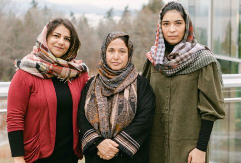 Image: After evacuating Afghanistan following the Taliban’s return to power, Judges Freshta Masomi (left), Zamila Sangar (centre) and Wahida Rahimi (right) joined Allard Law through the law school’s new Afghan Women Judges Program. Photo credit: Macy Yap.