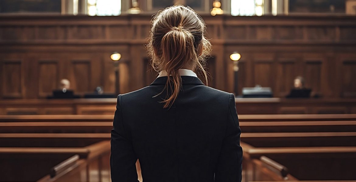 Lawyer standing in courtroom addressing the jury