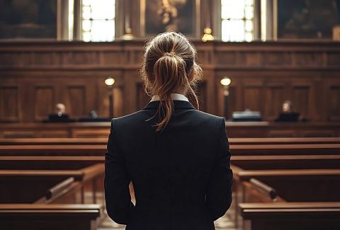 Lawyer standing in courtroom addressing the jury