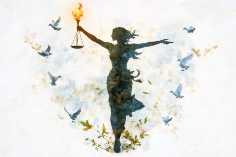 empowering womens day art, an image of a woman holding a torch of hope, symbolizing equality with scales and doves, celebrates international womens day with empowering visuals