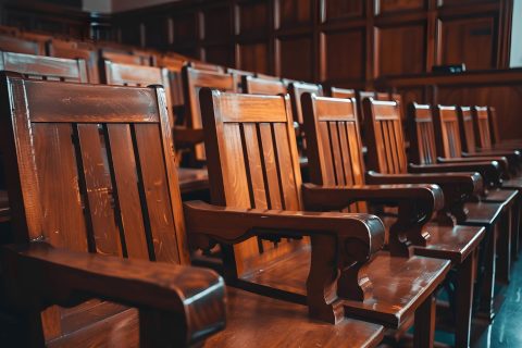Empty jury box with polished wooden seats in courtroom