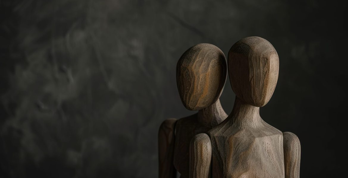 Mannequins representing domestic violence on dark table