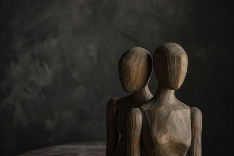 Mannequins representing domestic violence on dark table